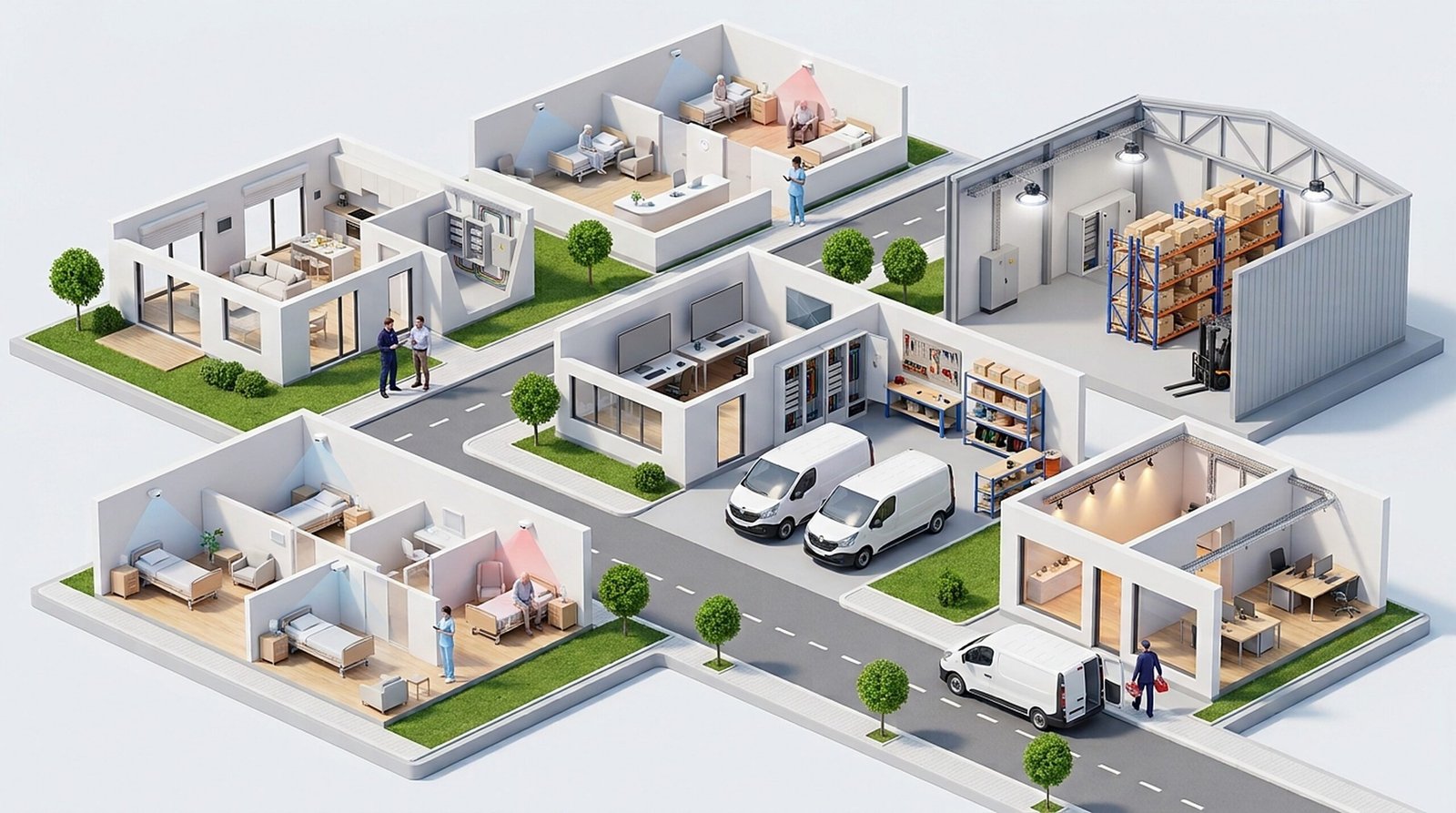 Illustration : un village avec une maison, deux EHPAD, les locaux de Japel-Elec, un entrepôt et un commerce