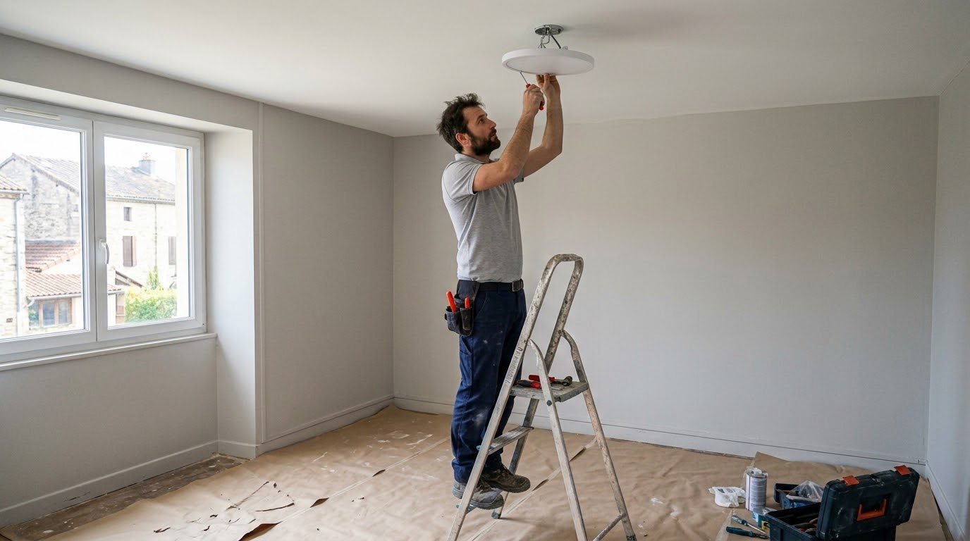 Électricien posant un plafonnier LED dans un logement rénové avant location, à Bresles