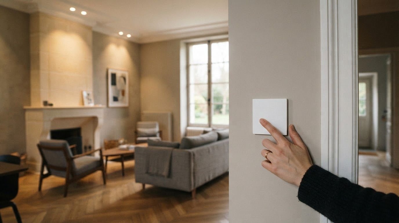 Interrupteur neuf dans le salon rénové d'une maison en pierre, à Chantilly