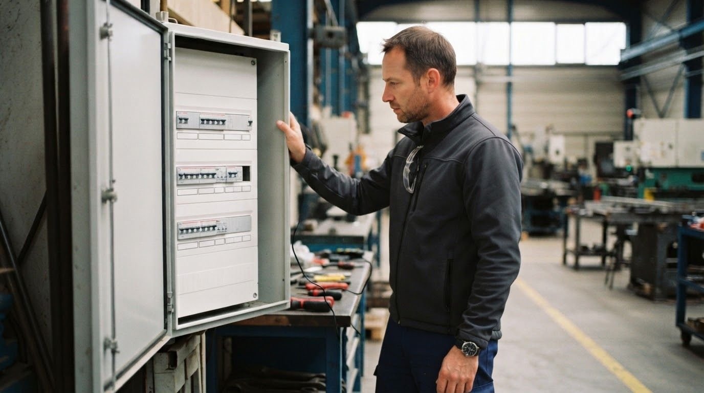 Électricien intervenant sur l'armoire électrique d'un atelier