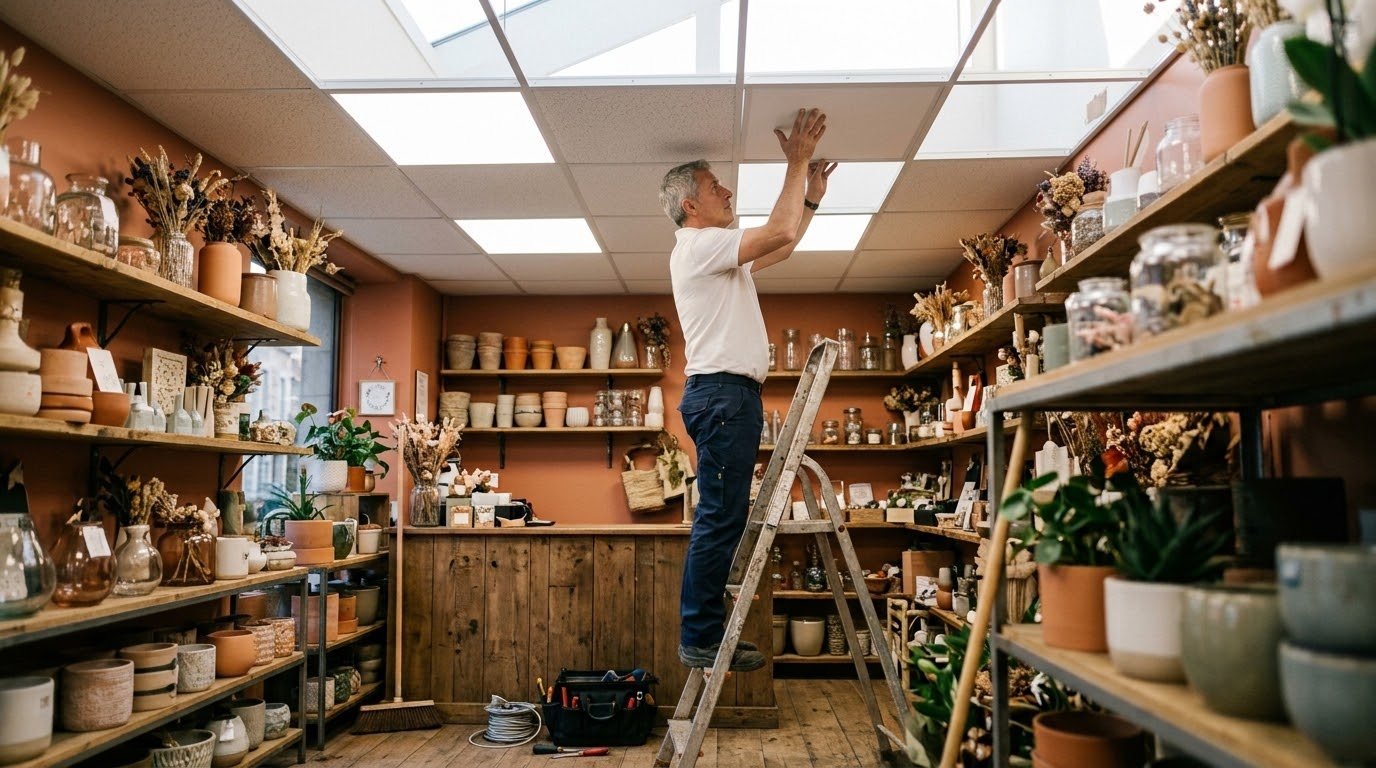 Électricien installant des dalles LED au plafond d'une boutique, à Fitz-James