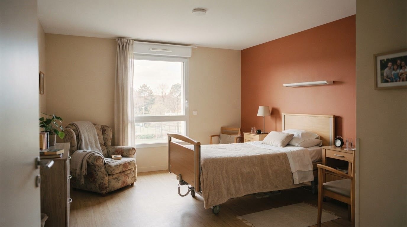 Chambre d'EHPAD lumineuse avec un capteur de chute discret au plafond