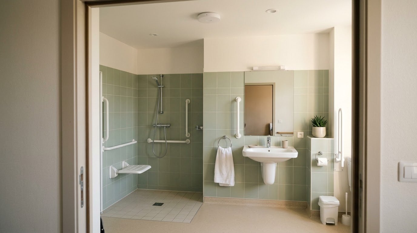Salle de bain adaptée d'une chambre d'EHPAD avec un capteur de chute discret au plafond