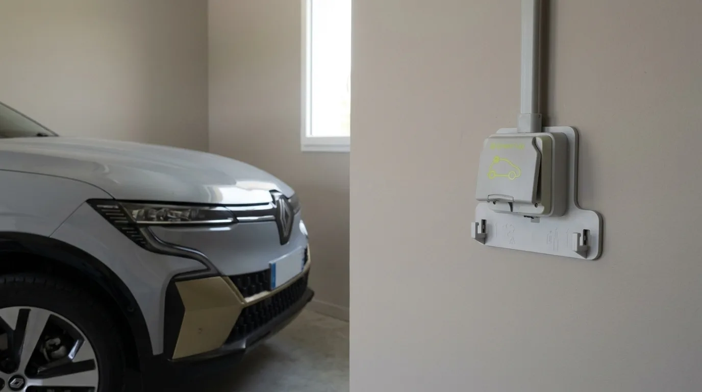 Prise renforcée posée sur son support au mur d'un garage, à côté de l'avant d'une voiture électrique